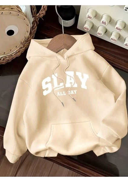 Slay All Day Baskılı Kapüşonlu Cepli Içi Yünlü Bej Sweatshirt