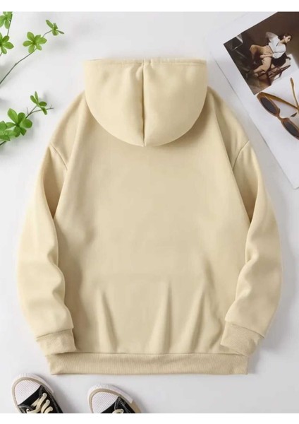 Slay All Day Baskılı Kapüşonlu Cepli Içi Yünlü Bej Sweatshirt fiyatları