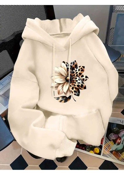 Yarı Leopar Çiçek Baskılı Kapüşonlu Cepli Içi Yünlü Bej Sweatshirt