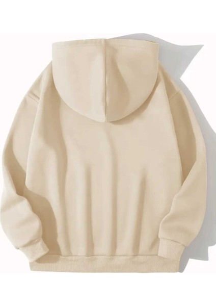 Yarı Leopar Çiçek Baskılı Kapüşonlu Cepli Içi Yünlü Bej Sweatshirt fiyatları