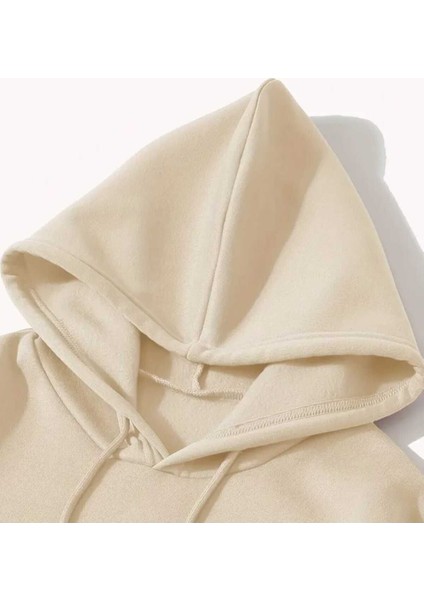 New Year 2025 Baskılı Kapüşonlu Cepli Pamuklu Bej Sweatshirt modelleri