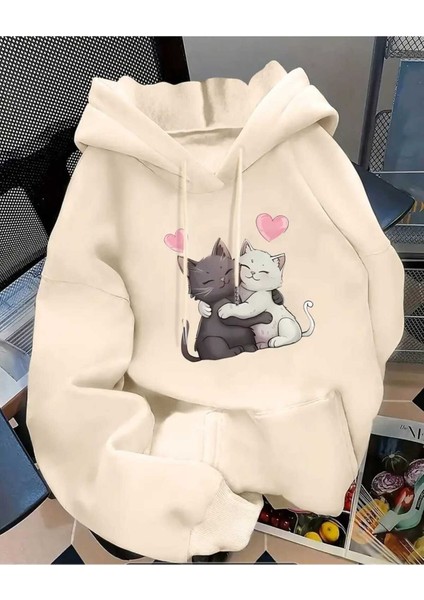 Couple Cat Baskılı Kapüşonlu Cepli Pamuklu Bej Sweatshirt