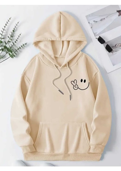 Gülümseyen Yüz Göğüs Baskılı Kapüşonlu Cepli Içi Yünlü Bej Sweatshirt