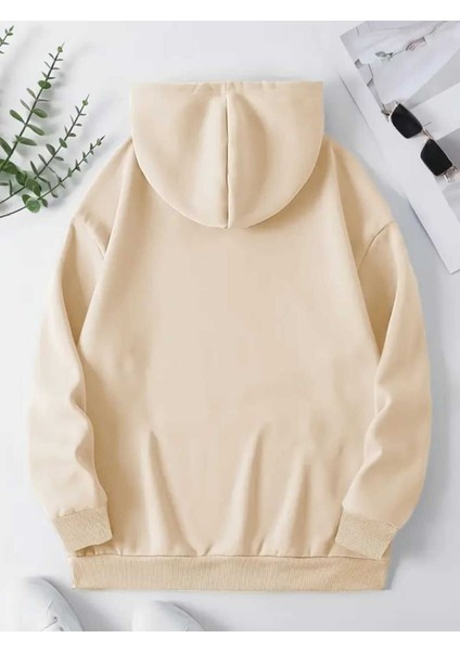 Gülümseyen Yüz Göğüs Baskılı Kapüşonlu Cepli Içi Yünlü Bej Sweatshirt fiyatları