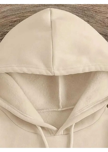 Gülümseyen Yüz Göğüs Baskılı Kapüşonlu Cepli Içi Yünlü Bej Sweatshirt modelleri