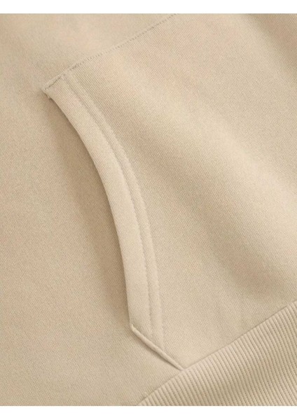 Gülümseyen Yüz Göğüs Baskılı Kapüşonlu Cepli Içi Yünlü Bej Sweatshirt fırsatları