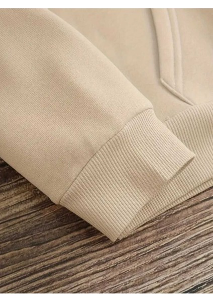 Gülümseyen Yüz Göğüs Baskılı Kapüşonlu Cepli Içi Yünlü Bej Sweatshirt indirimleri