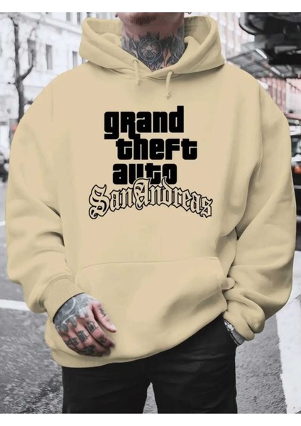 Gta San Andreas Baskılı Kapüşonlu Cepli Içi Yünlü Bej Sweatshirt