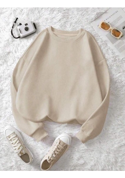 Basic Bisiklet Yaka Içi Yünlü Bej Sweatshirt