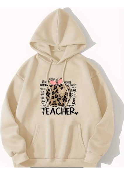 Teacher Baskılı Kaoüşonlu Cepli Pamuklu Bej Sweatshirt
