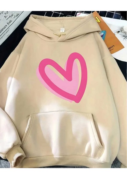 Kalp Fuşya Pembe Baskılı Kapüşonlu Cepli Pamuklu Bej Sweatshirt