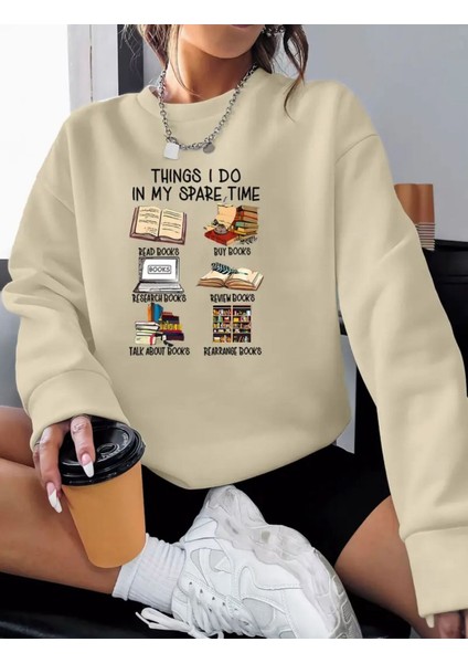 Books Baskılı Bisiklet Yaka Bej Sweatshirt