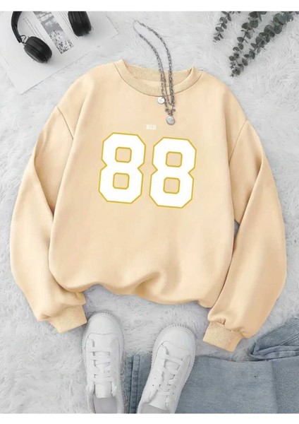 Red 88 Baskılı Bisiklet Yaka Bej Sweatshirt