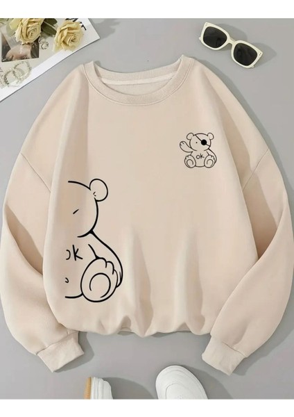 Sevimli Ayı Baskılı Bisiklet Yaka Bej Sweatshirt