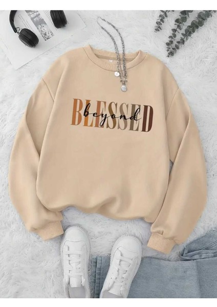 Beyond Blessed Baskılı Bisiklet Yaka Bej Sweatshirt