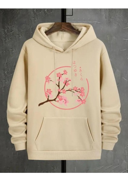 Çiçek Dal Desenli 2 Iplik Şardonlu Kapüşonlu Cepli Sweatshirt