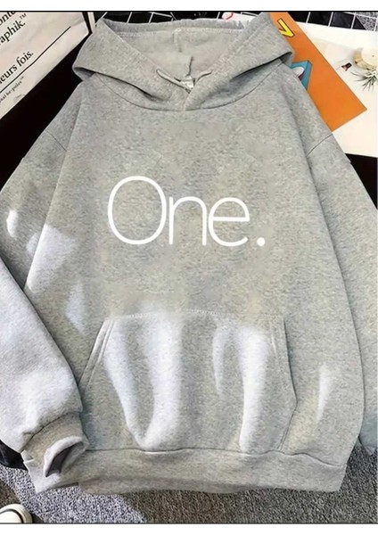 One Baskılı Kapüşonlu Cepli Içi Yünlü Gri Sweatshirt