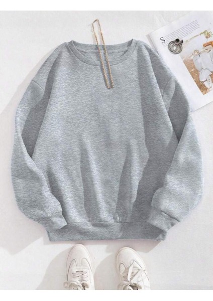 Basic Bisiklet Yaka Içi Yünlü Gri Sweatshirt