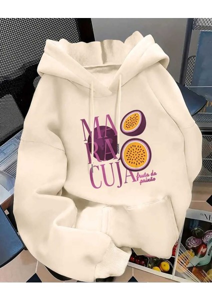 Maracuja Baskılı Kapüşonlu Cepli Içi Yünlü Bej Sweatshirt
