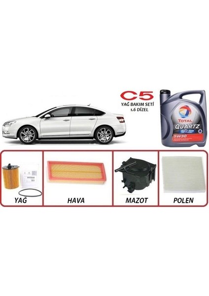 Ineo Ecs 5W-30 Dpf 4lt -Citroen C5 Euro5 1.6 Uyumlu Dizel Yağ Bakım 5li Set