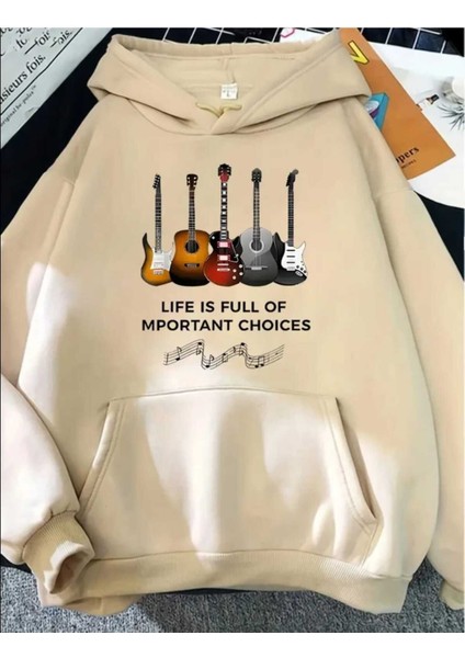 Gitar Enstrüman Baskılı Kapüşonlu Cepli Içi Yünlü Bej Sweatshirt