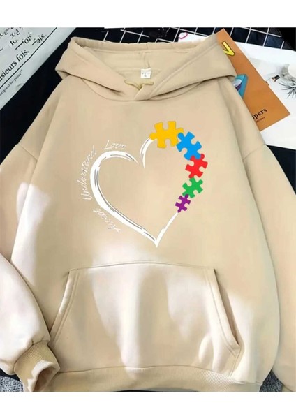 Puzzle Kalp Baskılı Kapüşonlu Cepli Pamuklu Bej Sweatshirt