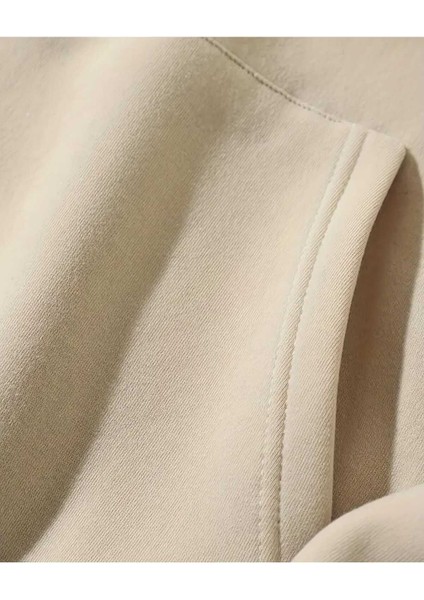 Puzzle Kalp Baskılı Kapüşonlu Cepli Pamuklu Bej Sweatshirt modelleri