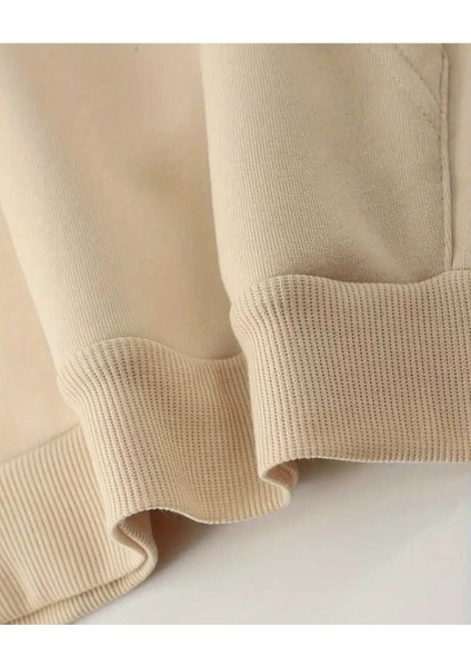 Puzzle Kalp Baskılı Kapüşonlu Cepli Pamuklu Bej Sweatshirt indirimleri