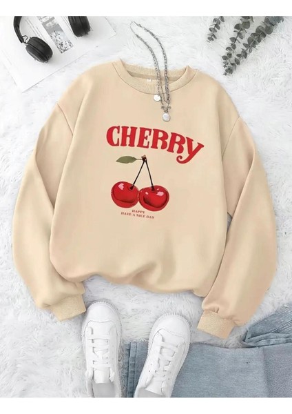 Cherry Baskılı Bisiklet Yaka Bej Sweatshirt