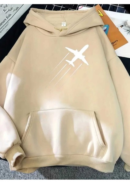 Uçak Baskılı Kapüşonlu Cepli Pamuklu Bej Sweatshirt