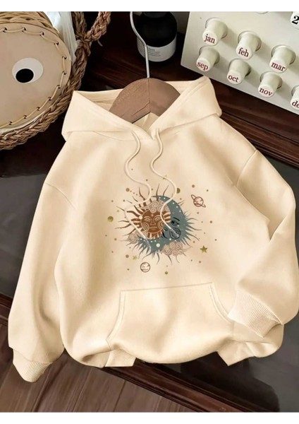 Güneş Ay Gezegen Baskılı Kapüşonlu Cepli Pamuklu Bej Sweatshirt