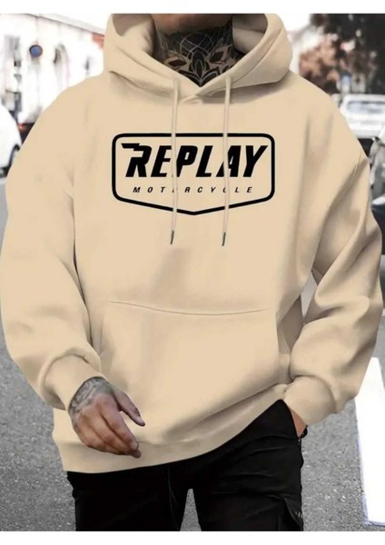 Replay Motorcycle Baskılı Kapüşonlu Cepli Pamuklu Bej Sweatshirt
