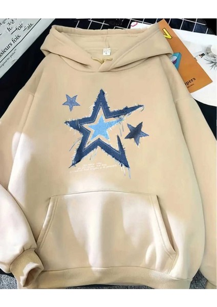Yıldız Kot Hoodie Baskılı Kapüşonlu Cepli Içi Yünlü Bej Sweatshirt