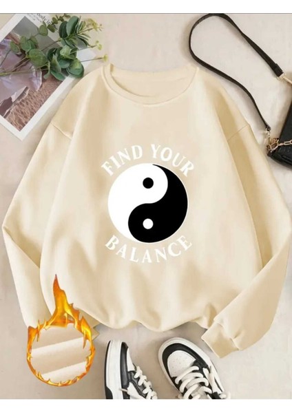 Find Your Balance Baskılı Bisiklet Yaka Bej Sweatshirt