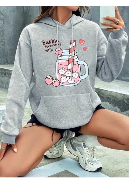 Bubble Milk Baskılı Kapüşonlu Cepli Içi Yünlü Gri Sweatshirt