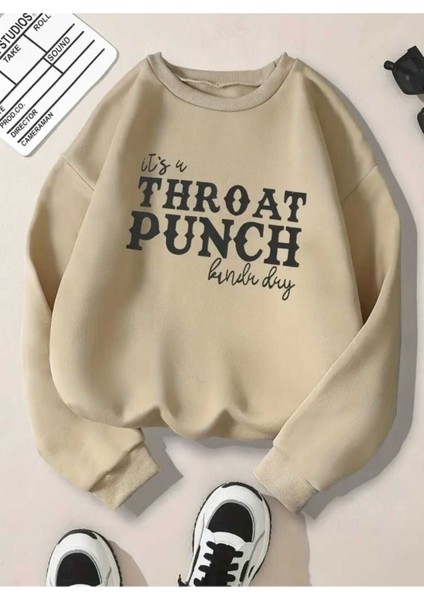 Throat Punch Baskılı Bisiklet Yaka Bej Sweatshirt