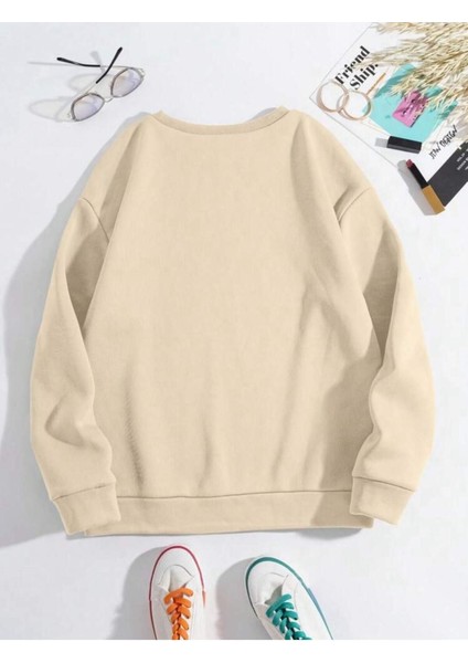 Siyah Kalp Göğüs ve Kol Baskılı Bisiklet Yaka Bej Sweatshirt fiyatları