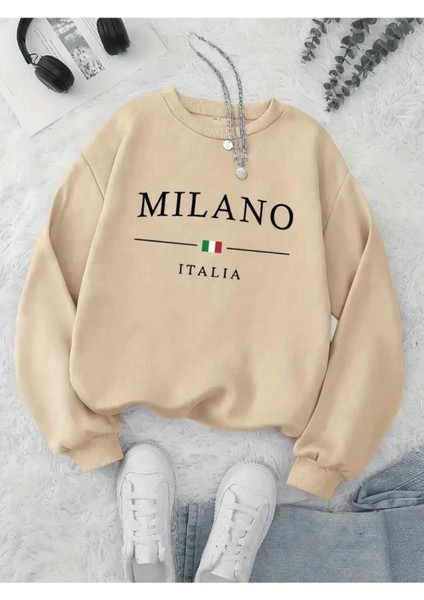 Milano Italia Baskılı Bisiklet Yaka Bej Sweatshirt