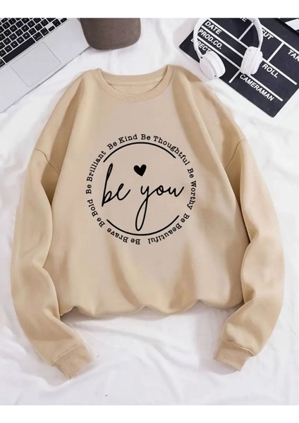 Be You Baskılı Bisiklet Yaka Bej Sweatshirt