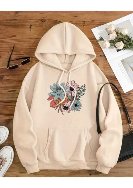 Renkli Çiçekler Baskılı Kapüşonlu Cepli Pamuklu Bej Sweatshirt