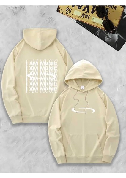 I Am Music Arka Baskılı Kapüşonlu Cepli Pamuklu Bej Sweatshirt