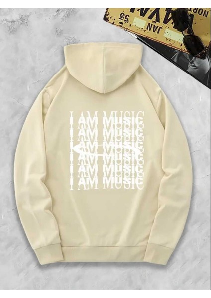I Am Music Arka Baskılı Kapüşonlu Cepli Pamuklu Bej Sweatshirt modelleri