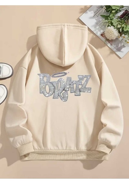 Bratz Arka Baskılı Kapüşonlu Cepli Pamuklu Bej Sweatshirt
