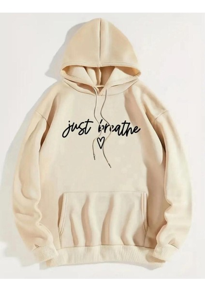 Just Breathe Süper Baskılı 2 Iplik Şardonlu Cepli Kapüşonlu Sweatshırt
