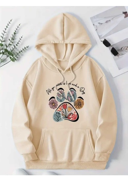 Çiçekli Pati Baskılı Kapüşonlu Cepli Pamuklu Bej Sweatshirt