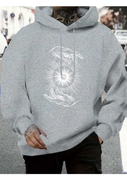 Kaos Sembolü Baskılı Kapüşonlu Cepli Içi Yünlü Gri Sweatshirt