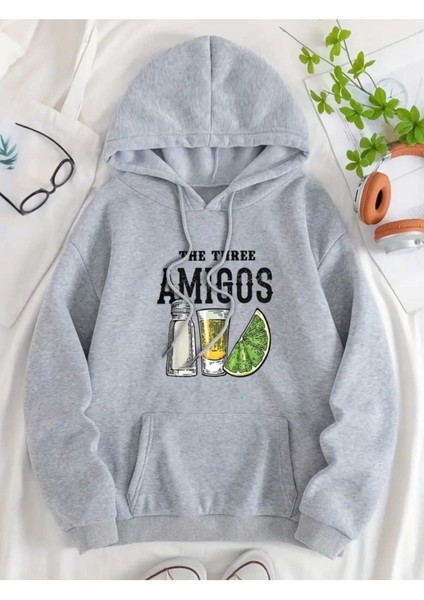 The Three Amigos Baskılı Kapüşonlu Cepli Pamuklu Gri Sweatshirt