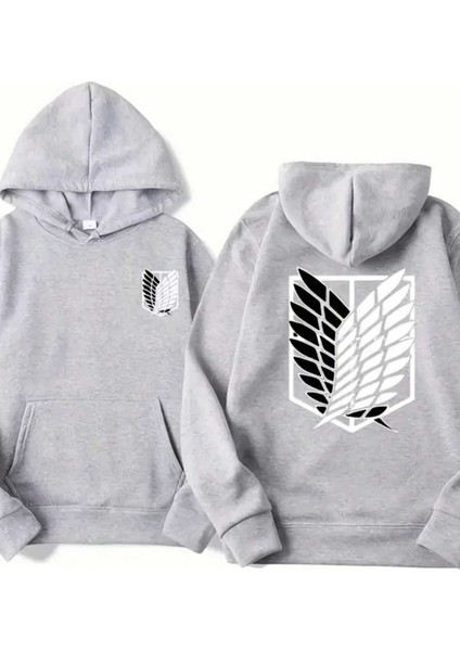 Aot Keşif Birliği Arka Göğüs Baskılı Kapüşonlu Cepli Içi Yünlü Gri Sweatshirt