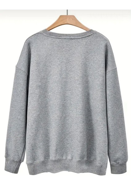 Leopar Desenli Kurdele Baskılı Bisiklet Yaka Gri Sweatshirt fiyatları