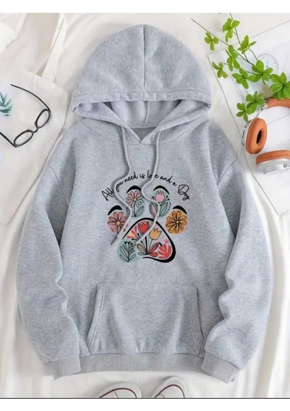 Çiçekli Pati Baskılı Kapüşonlu Cepli Pamuklu Gri Sweatshirt